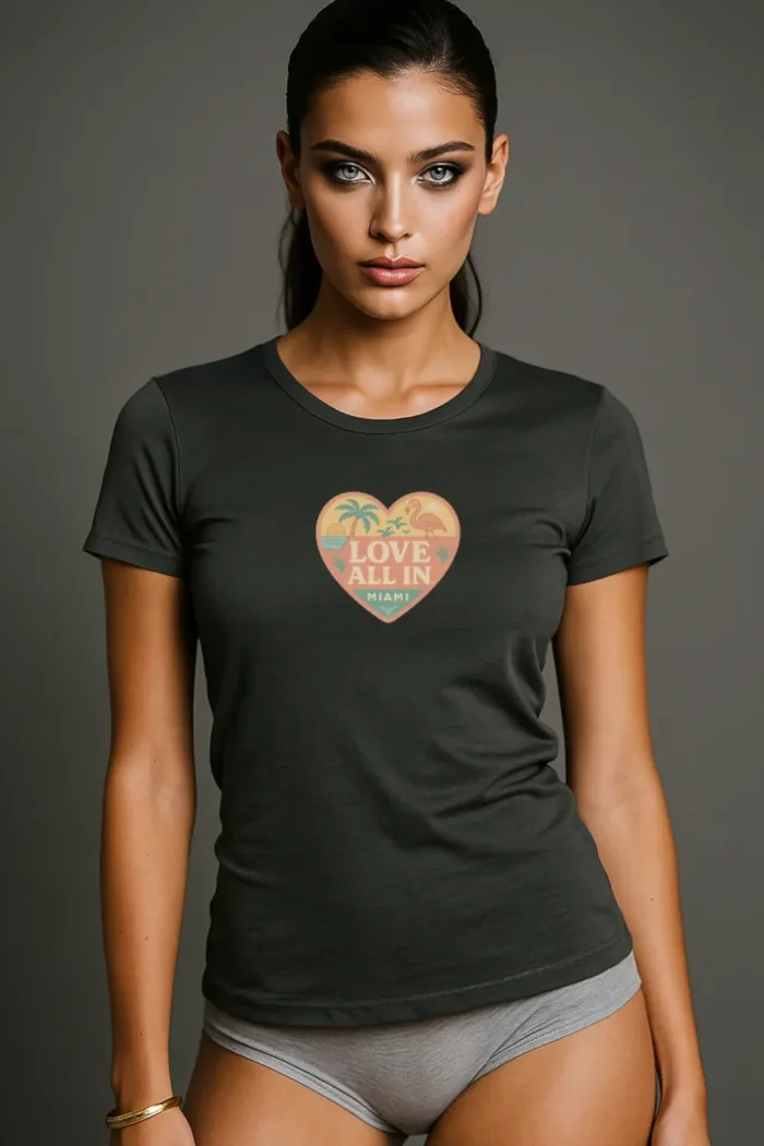 Love All In™ Miami, Heart, Luxury Women’s Graphic Tee T-Shirt, Boyfriend, Design 2 - Image 3