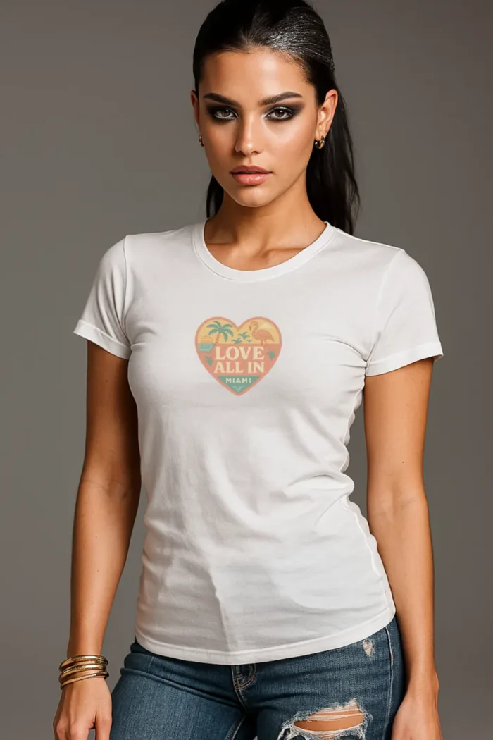 Love All In™ Miami, Heart, Luxury Women’s Graphic Tee T-Shirt, Boyfriend, Design 2 - Image 4