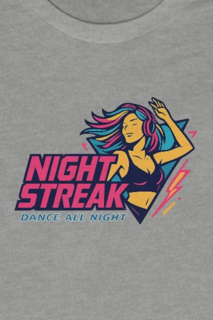 Night Streak™ Dance All Night, 80's Retro, Luxury Women’s Graphic Tee T-Shirt, Boyfriend, Design 3 - Image 2