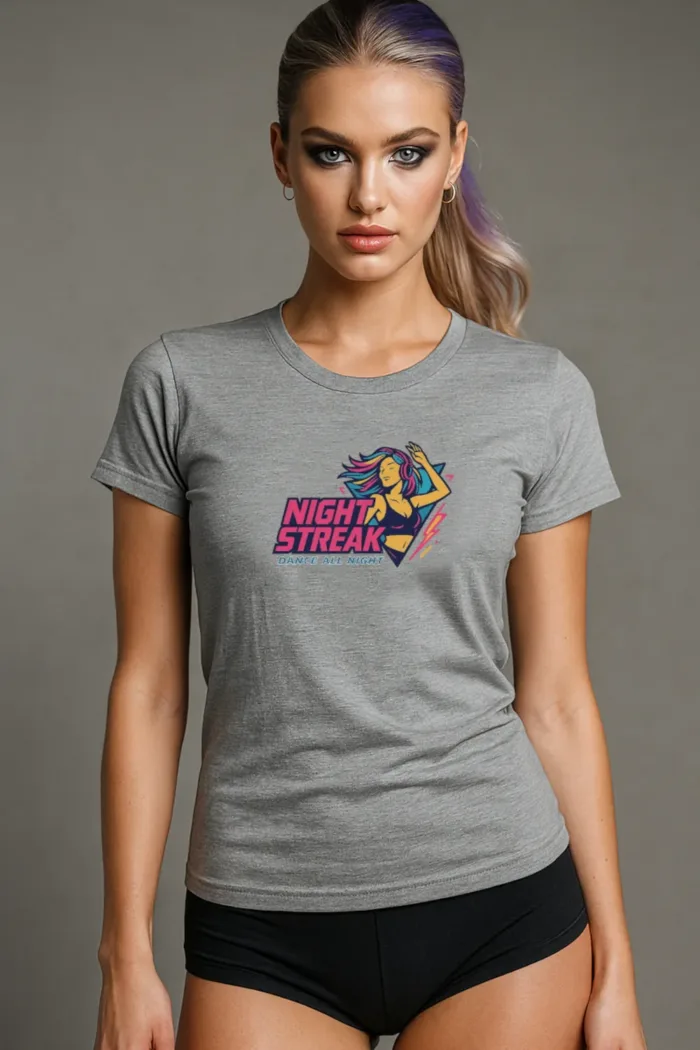 Night Streak™ Dance All Night, 80's Retro, Luxury Women’s Graphic Tee T-Shirt, Boyfriend, Design 3