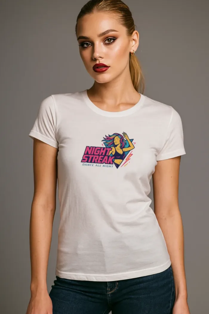 Night Streak™ Dance All Night, 80's Retro, Luxury Women’s Graphic Tee T-Shirt, Boyfriend, Design 3 - Image 3