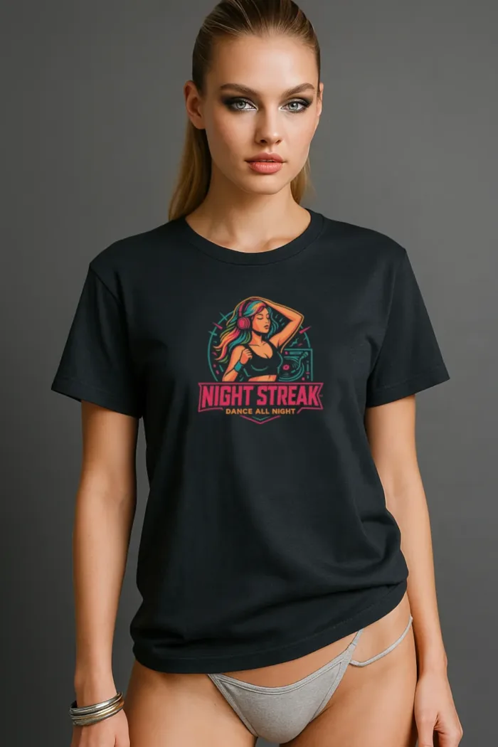 Night Streak™ Dance All Night, Luxury Women’s Graphic Tee T-Shirt, Boyfriend, Design 4