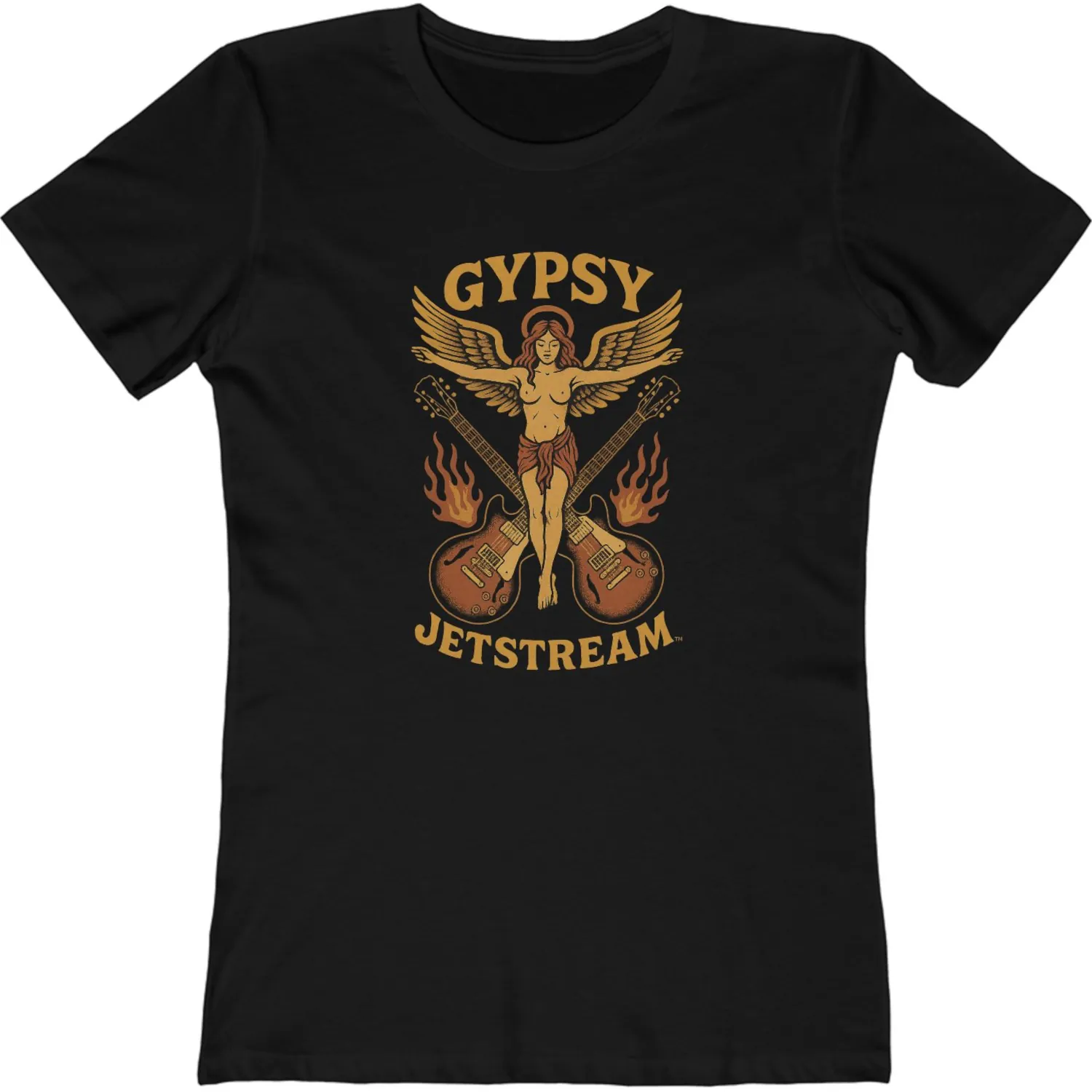 Gypsy Jetstream women's graphic tee t-shirt, black, guitars, angel, angel wings, fire, vintage, boyfriend