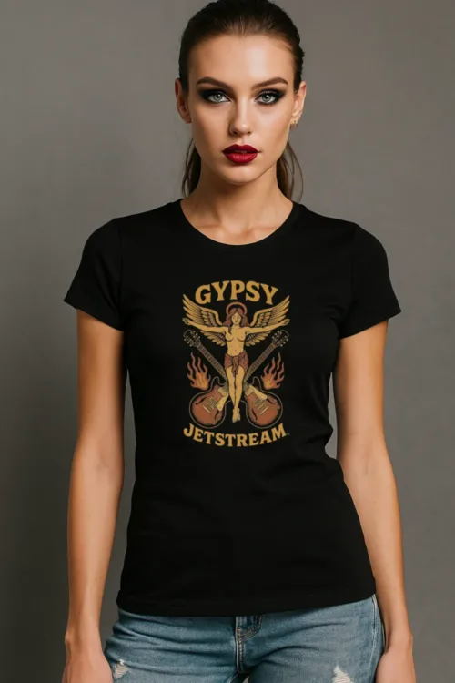 Gypsy Jetstream women's graphic tee t-shirt, black, guitars, angel, angel wings, fire, vintage, boyfriend