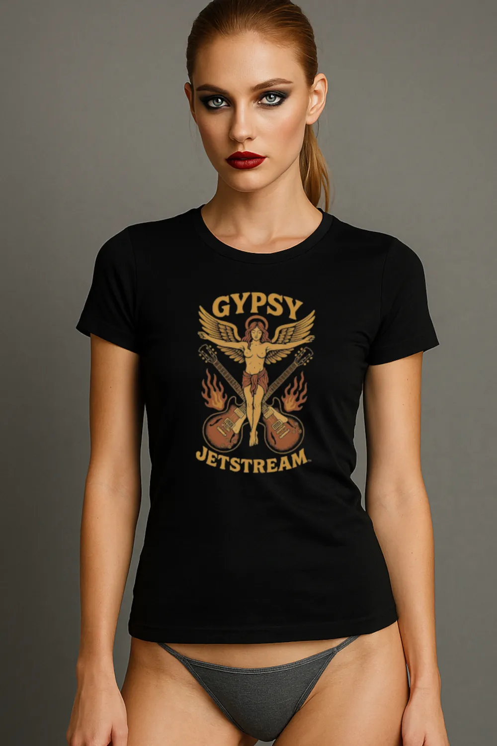 Gypsy Jetstream women's graphic tee t-shirt, black, guitars, angel, angel wings, fire, vintage, boyfriend