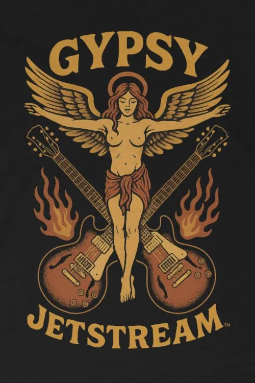 A vintage-inspired graphic tee featuring a central design of a winged angel with flowing hair, flanked by two electric guitars surrounded by flames. The text "Gypsy Jetstream" is prominently displayed in a bold, retro font, evoking a rock and roll aesthetic. This design captures the essence of freedom and musical passion, appealing to fans of vintage rock culture.