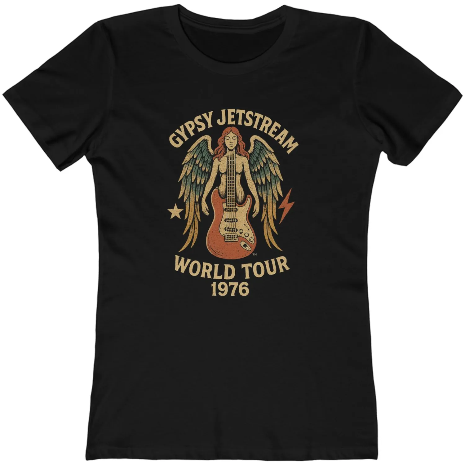 This image features a stylish black graphic tee showcasing a vintage design inspired by the Gypsy Jetstream World Tour of 1976. The shirt prominently displays an artistic illustration of a winged angel holding a guitar, surrounded by stars and lightning bolts, capturing the essence of 1970s rock culture. Made from high-quality cotton, this tee offers a luxurious feel and a relaxed boyfriend fit, perfect for both casual outings and stylish layering.