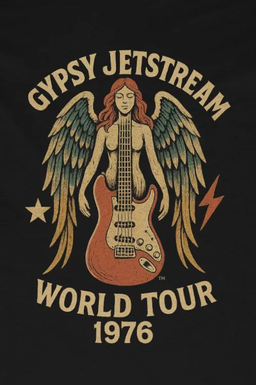 A vintage-inspired graphic tee featuring a winged angel holding a guitar, emblazoned with the text "Gypsy Jetstream World Tour 1976." The design captures the essence of 1970s rock culture, showcasing a bold illustration framed by a star and lightning bolt, all set against a solid black background. This luxurious shirt is crafted from 100% combed, ring-spun cotton, offering both comfort and style for high-income fashion enthusiasts.