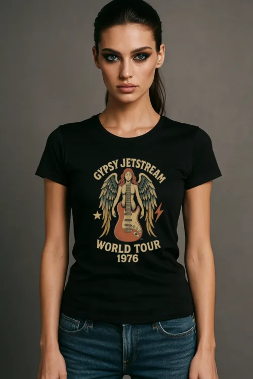 A stylish woman wearing a black graphic t-shirt featuring a vintage design of a guitar and the text "Gypsy Jetstream World Tour 1976." The shirt is paired with fitted jeans, and the model has striking makeup and a confident pose, set against a neutral background that enhances the shirt's design.