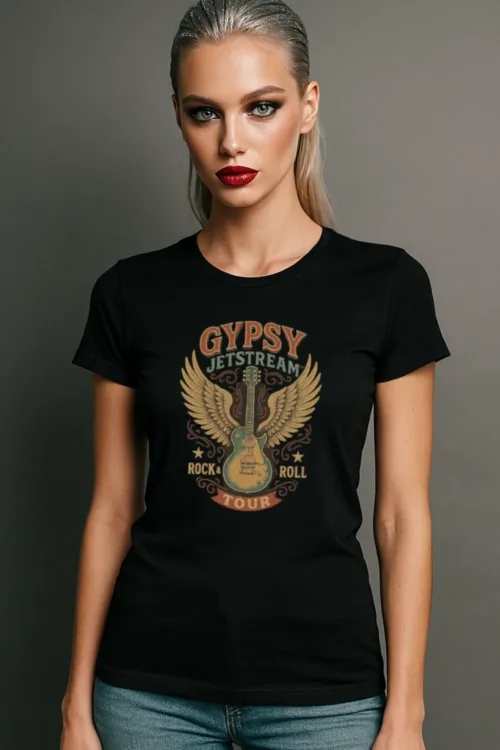 Gypsy Jetstream women's graphic tee t-shirt, black, guitar, angel wings, vintage, boyfriend