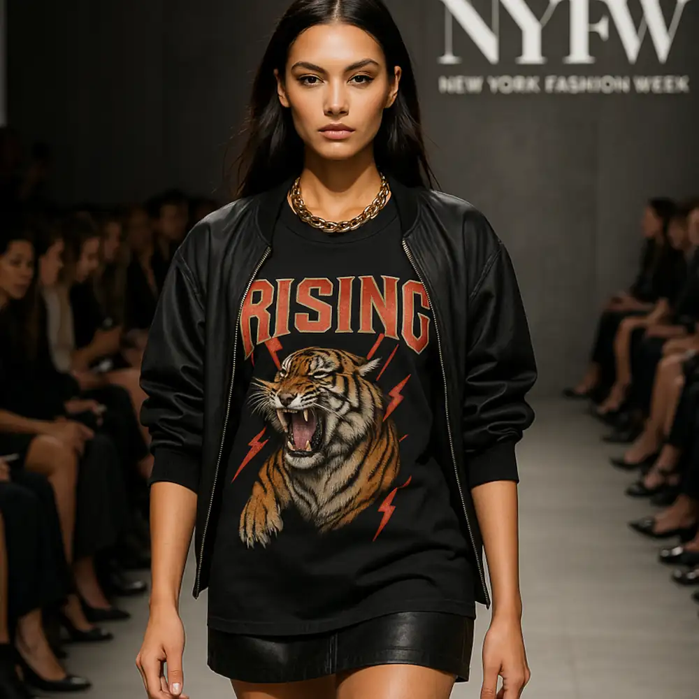 A fashion model walks the runway at New York Fashion Week, framed by the bold “NYFW NEW YORK FASHION WEEK” backdrop. She wears a black leather jacket over a black graphic t-shirt featuring a roaring tiger, red lightning bolts, and the word “RISING” in vivid red-orange letters. The look is paired with a short black skirt and a chunky gold chain necklace, blending streetwear attitude with high-fashion polish. The runway is lined with seated spectators on both sides, their attention fixed on the model, while other models wait in the background. The lighting highlights the textures of the leather and the graphic print, capturing the energy and exclusivity of a major fashion event. This image embodies the fusion of bold design and luxury styling that defines NYFW.
