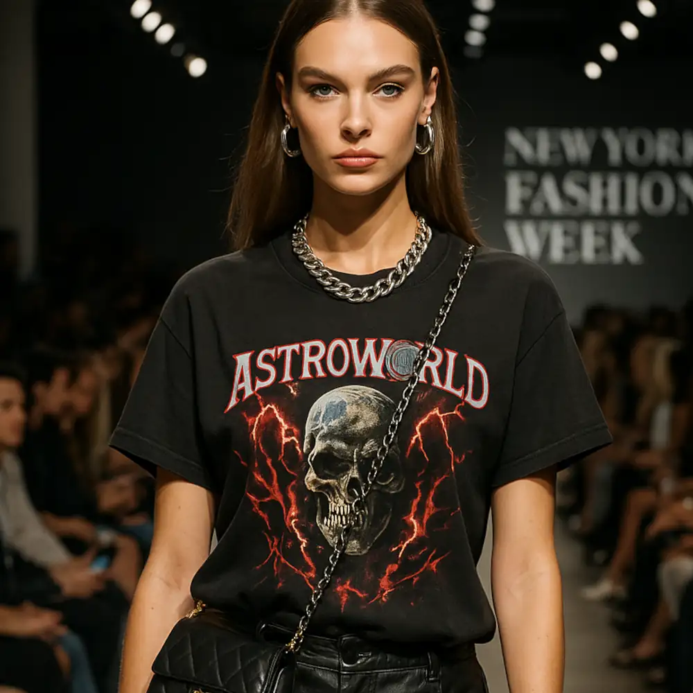 eated on both sides. She wears a black graphic T-shirt with the word “ASTROWORLD” in bold red letters across the chest, above an image of a skull surrounded by jagged red lightning bolts. The look is styled with a chunky silver chain necklace, oversized hoop earrings, and a black quilted crossbody bag worn across the torso. Her confident stride and direct gaze capture the edgy, streetwear-meets-luxury vibe of the outfit. The runway backdrop features a sleek black-and-white sign reading “NEW YORK FASHION WEEK,” reinforcing the high-profile setting. The lighting spotlights the model, making the bold red and black color palette stand out against the neutral tones of the venue. The overall mood is powerful, modern, and unapologetically fashion-forward.