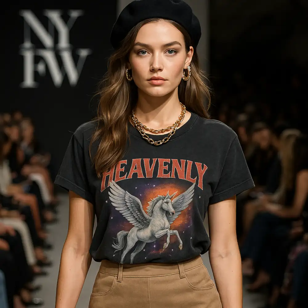 The image features a model walking the runway at New York Fashion Week, showcasing a striking blend of casual and edgy fashion. She wears a black t-shirt emblazoned with the word "HEAVENLY" in bold red letters, accompanied by a whimsical graphic of a winged unicorn, which adds a playful touch to her outfit. The shirt is paired with high-waisted beige trousers that offer a chic contrast, emphasizing her silhouette. Her accessories include a chunky gold chain necklace that enhances the outfit's boldness, while her hairstyle features loose, wavy locks that frame her face, contributing to a relaxed yet stylish appearance. The model's expression is confident and poised, embodying the spirit of contemporary fashion. The backdrop of the runway is filled with an audience, hinting at the vibrant atmosphere of the event. The lighting is focused on the model, highlighting her as she strides confidently down the catwalk. This moment captures the essence of New York Fashion Week, where creativity and individuality are celebrated, showcasing a mix of high fashion and street style influences. The overall aesthetic reflects a modern, youthful vibe, making a statement about the evolving landscape of fashion.