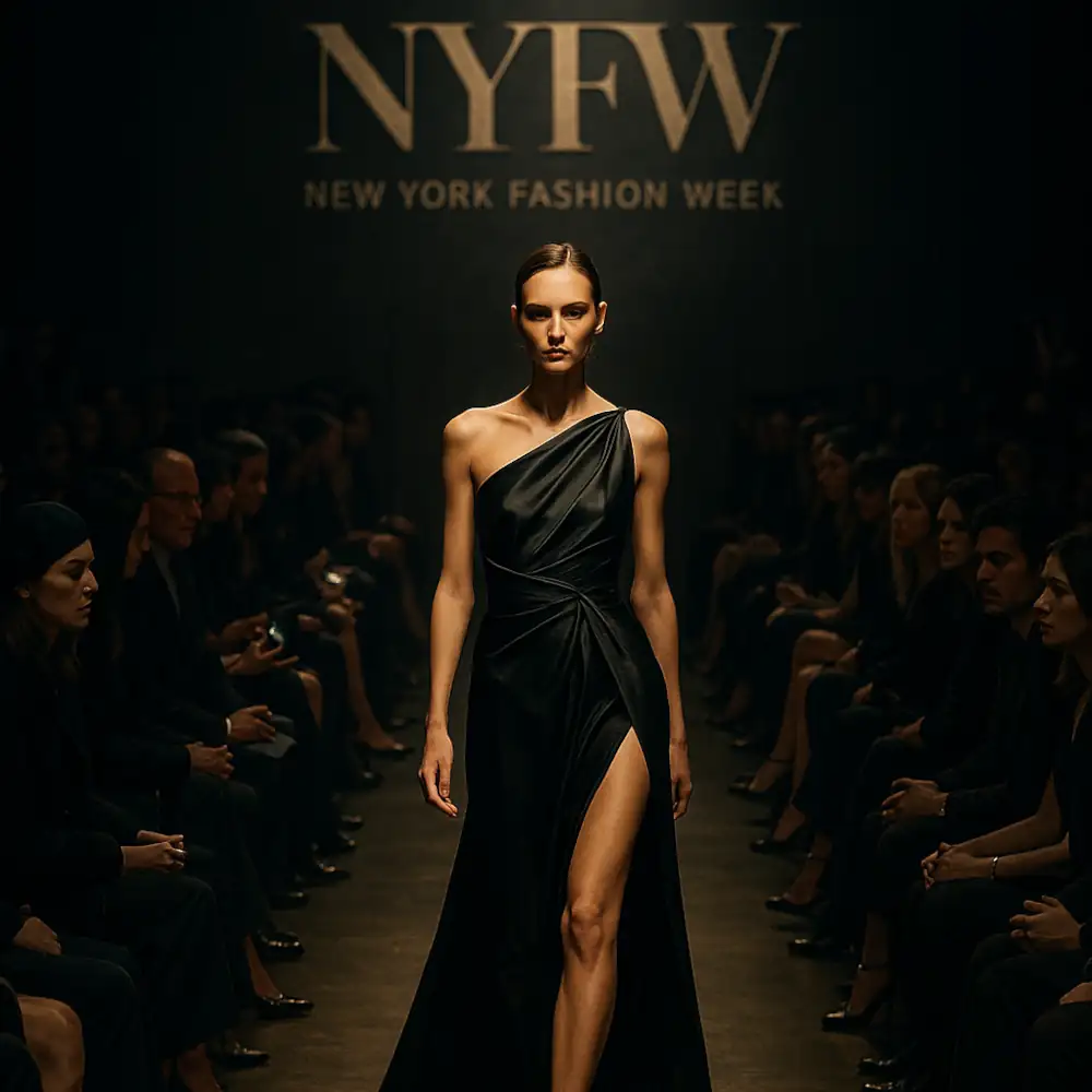 A model walks down the runway at New York Fashion Week wearing a sleek black one‑shoulder gown with elegant draping and a thigh‑high slit, revealing one leg. The fitted silhouette exudes sophistication under bright runway lighting. Audience members, dressed mostly in dark attire, sit on either side watching intently. A large backdrop displays the words “NYFW New York Fashion Week,” emphasizing the event’s prestige.