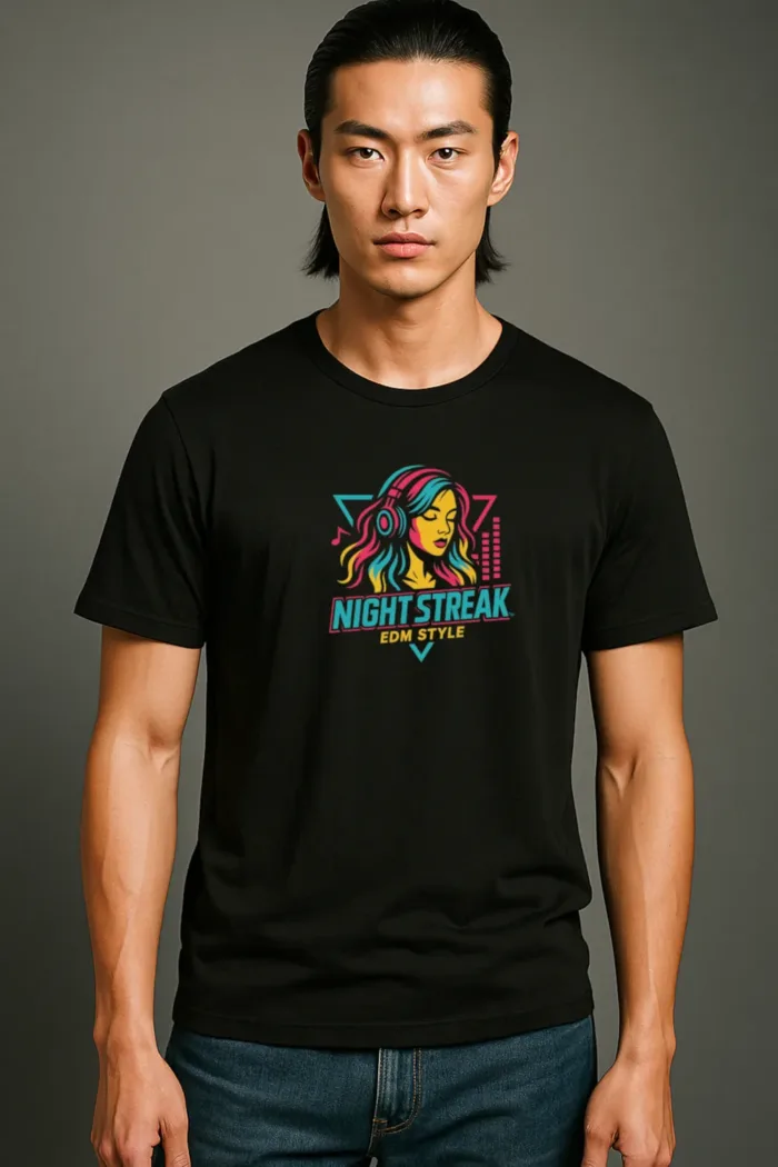 A stylish young man wearing a black graphic t-shirt featuring a vibrant design of a woman with colorful hair, set against a clean, neutral background. The shirt is part of a luxury collection, showcasing a modern and chic aesthetic that appeals to fashion-forward individuals. This image captures the essence of contemporary graphic tees, blending art and fashion seamlessly.