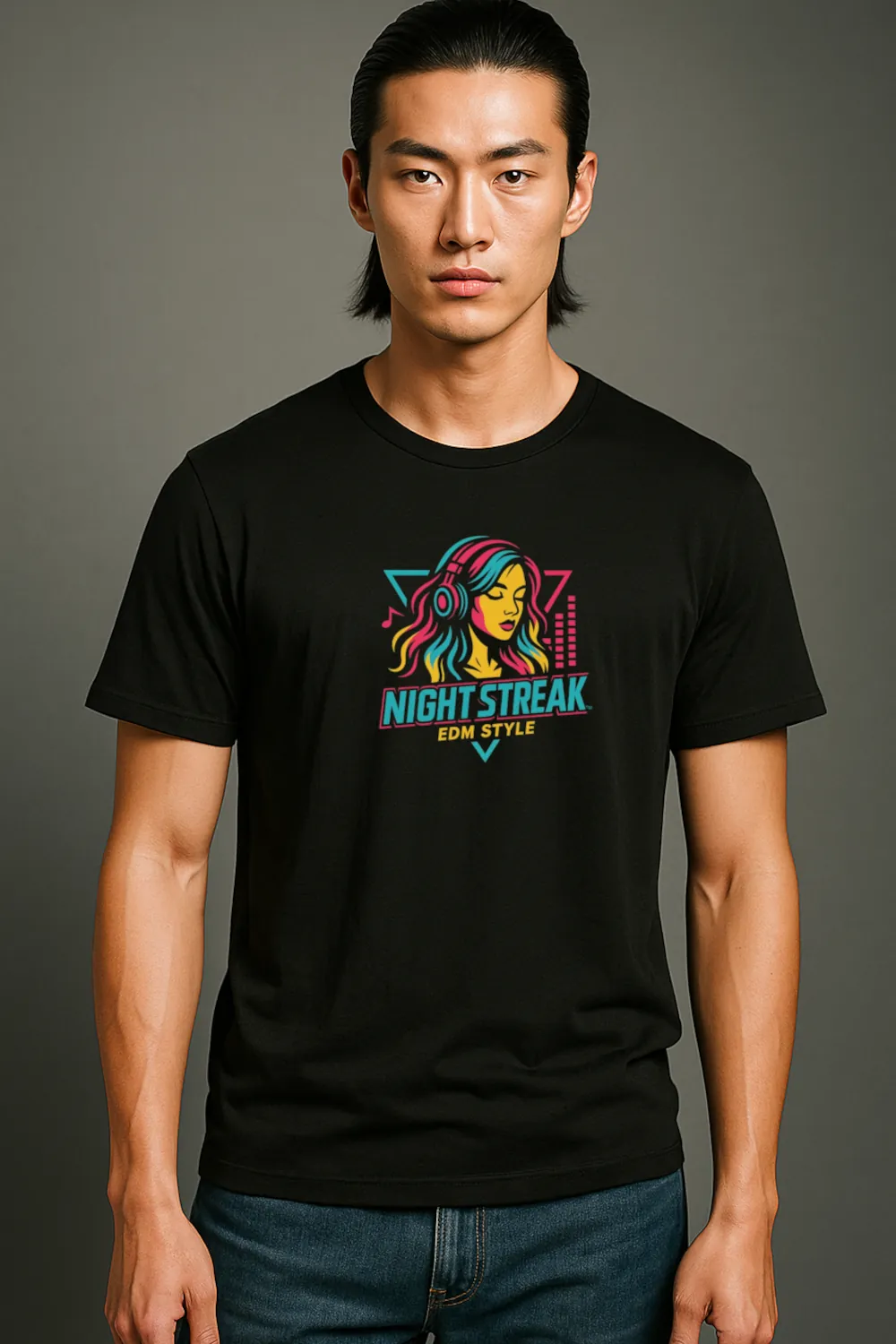 A stylish young man wearing a black graphic t-shirt featuring a vibrant design of a woman with colorful hair, set against a clean, neutral background. The shirt is part of a luxury collection, showcasing a modern and chic aesthetic that appeals to fashion-forward individuals. This image captures the essence of contemporary graphic tees, blending art and fashion seamlessly.