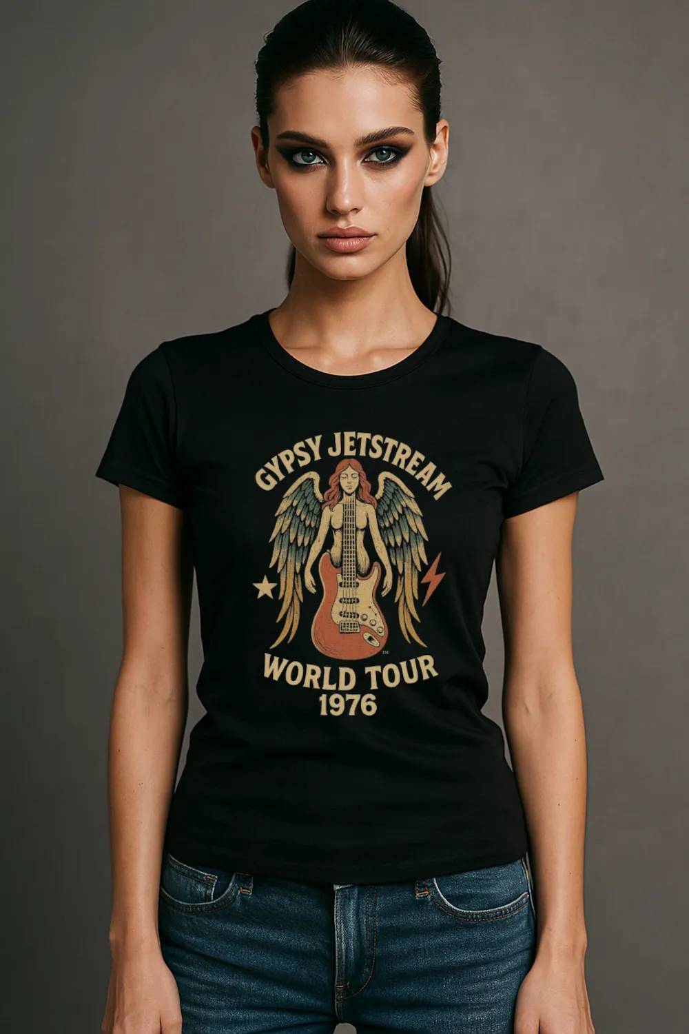 Gypsy Jetstream™ Vintage Rock Band Women's Graphic Tee T-Shirt, Boyfriend, Angel, Guitar, 1976 World Tour, Official Merchandise, Design 1 - Image 2