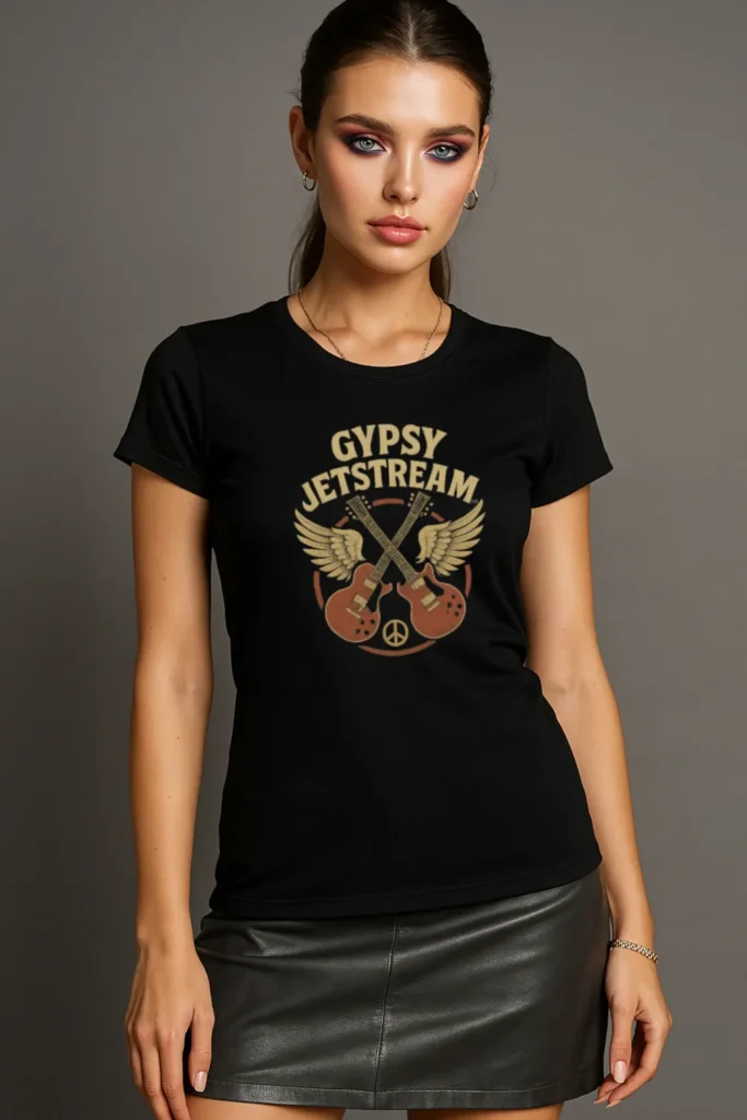 Gypsy Jetstream™ Vintage Rock Band Women's Graphic Tee T-Shirt, Boyfriend, Double Guitar, 1970s, Official Merchandise, Design 1
