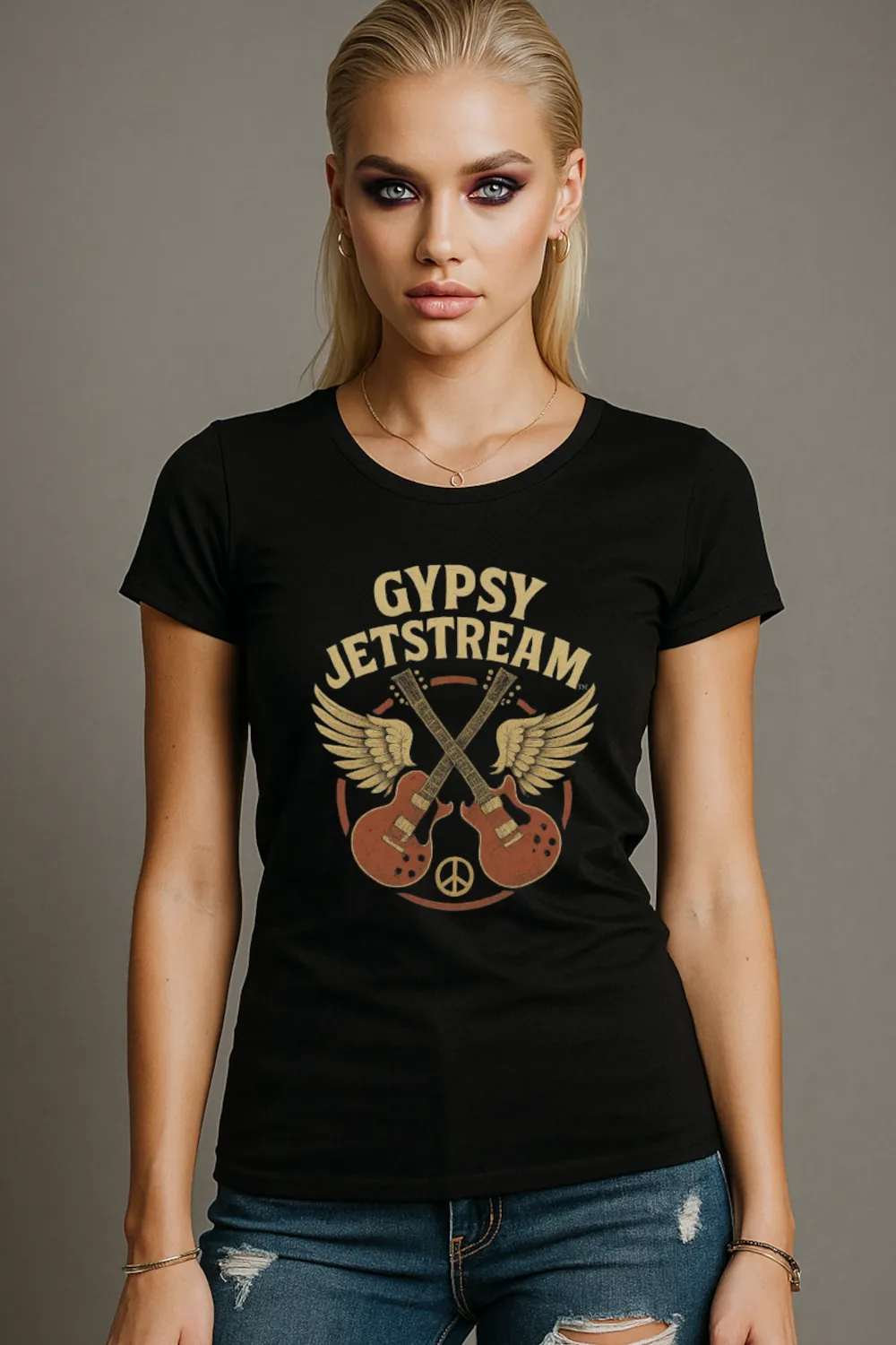 Gypsy Jetstream™ Vintage Rock Band Women's Graphic Tee T-Shirt, Boyfriend, Double Guitar, 1970s, Official Merchandise, Design 1 - Image 2