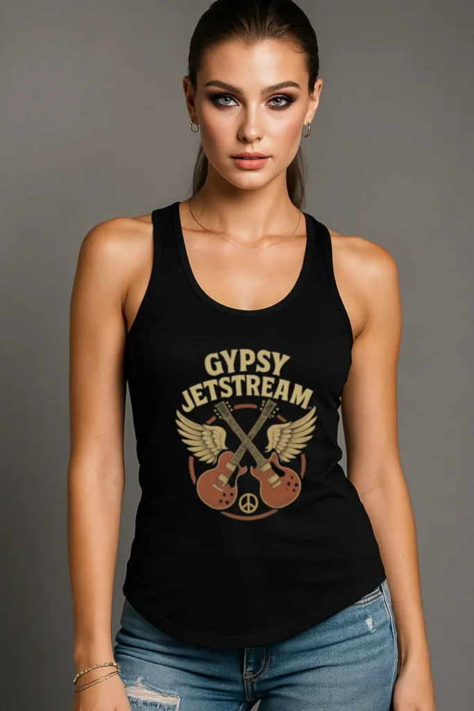 Gypsy Jetstream™ Vintage Rock Band Women's Graphic Racerback Tank Top, Double Guitar, 1970s, Official Merchandise, Design 1