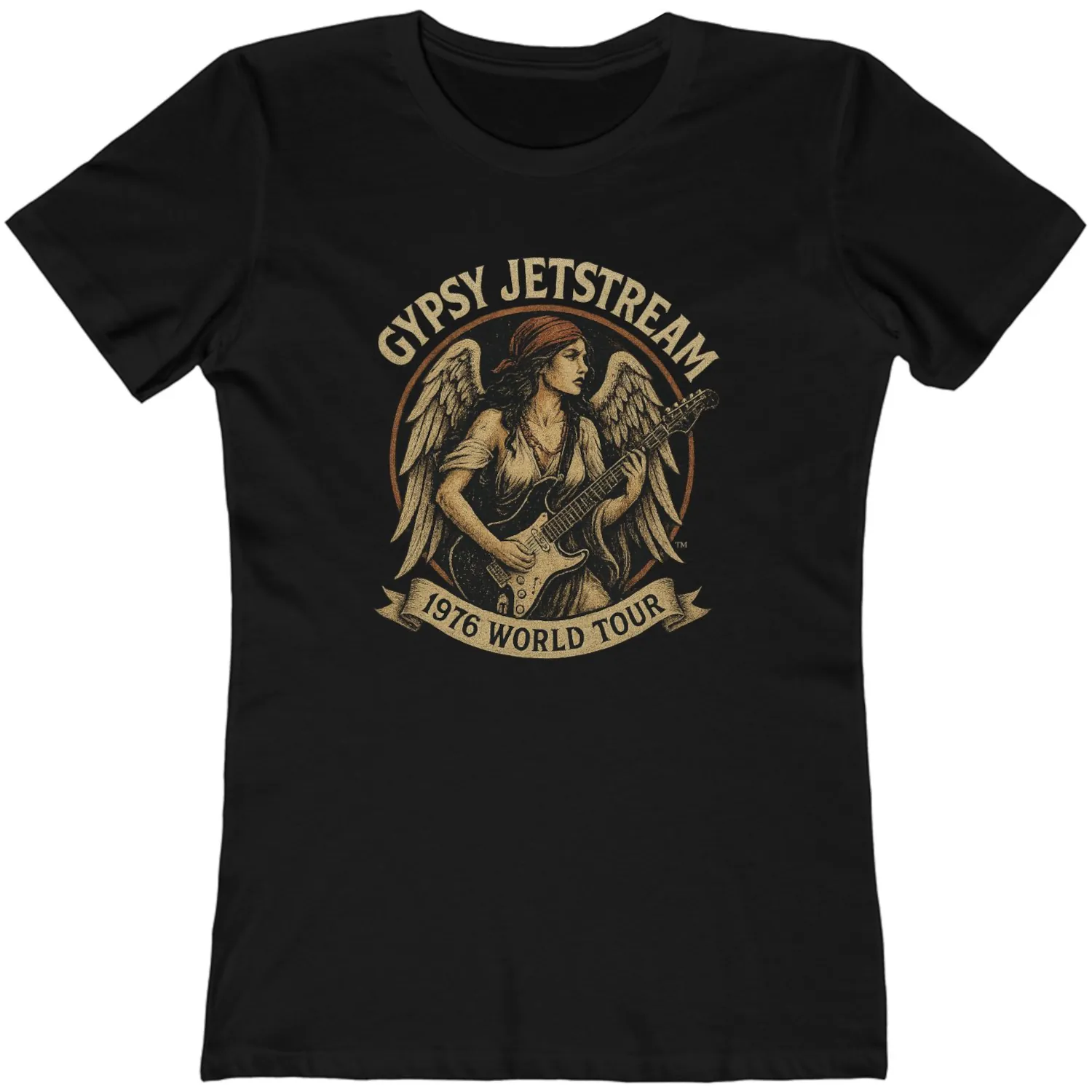 Gypsy Jetstream™ Vintage Rock Band Women's Graphic Tee T-Shirt, Boyfriend, Angel, Wings, Guitar, 1976 World Tour 1970s, Official Merchandise, Design 1 - Image 4