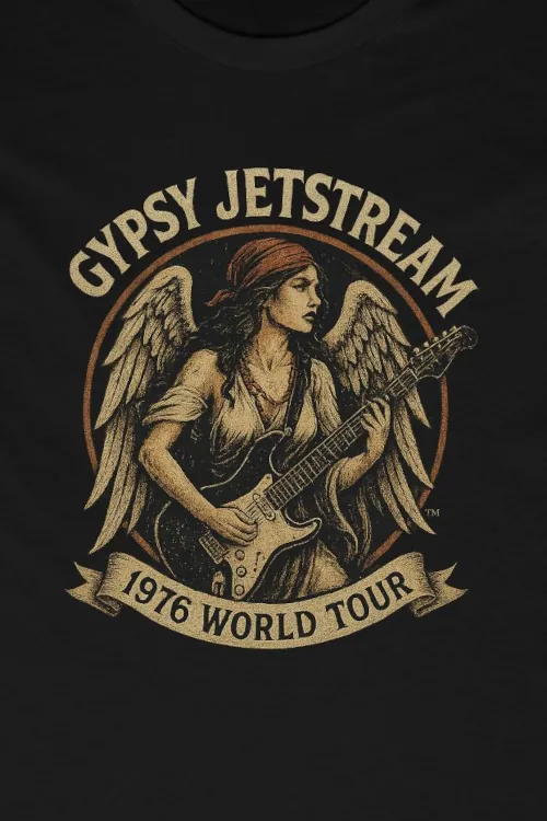 Gypsy Jetstream™ Vintage Rock Band Women's Graphic Tee T-Shirt, Boyfriend, Angel, Wings, Guitar, 1976 World Tour 1970s, Official Merchandise, Design 1