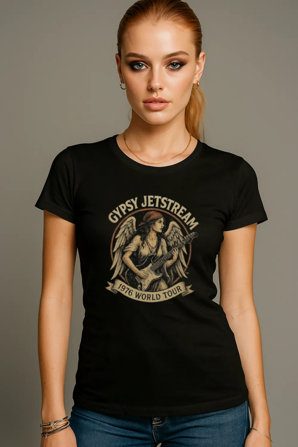 Gypsy Jetstream™ Vintage Rock Band Women's Graphic Tee T-Shirt, Boyfriend, Angel, Wings, Guitar, 1976 World Tour 1970s, Official Merchandise, Design 1 - Image 2