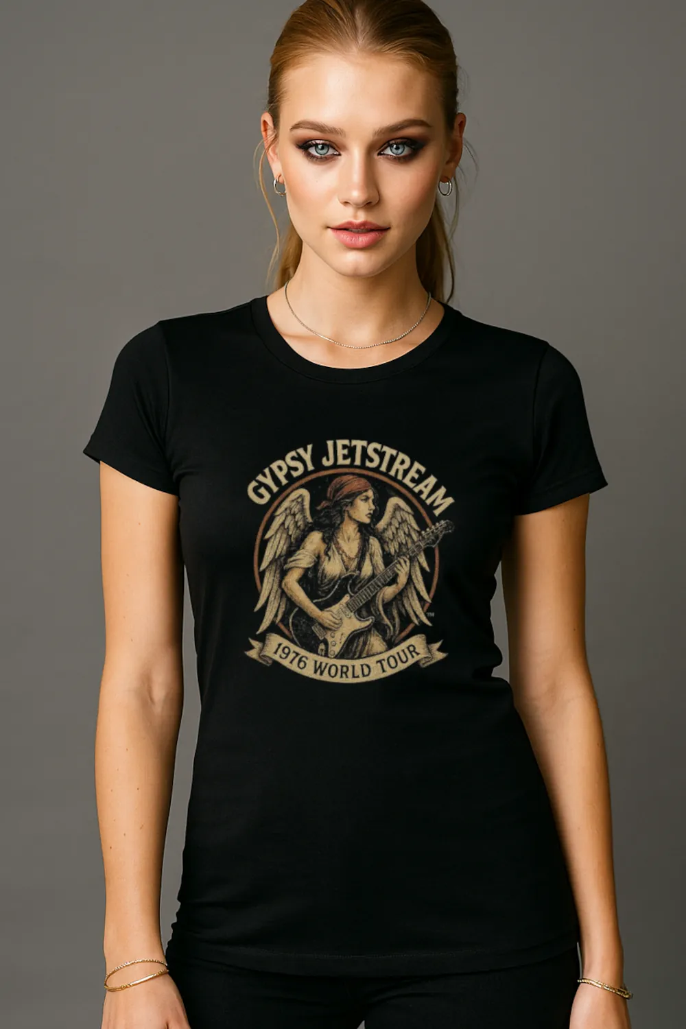 Gypsy Jetstream™ Vintage Rock Band Women's Graphic Tee T-Shirt, Boyfriend, Angel, Wings, Guitar, 1976 World Tour 1970s, Official Merchandise, Design 1 - Image 3