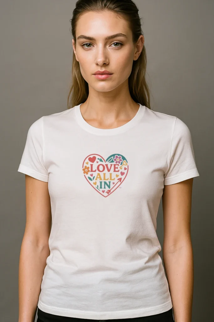 Love All In™, Heart, Women’s Luxury Graphic Tee T-Shirt, Boyfriend, Design 1