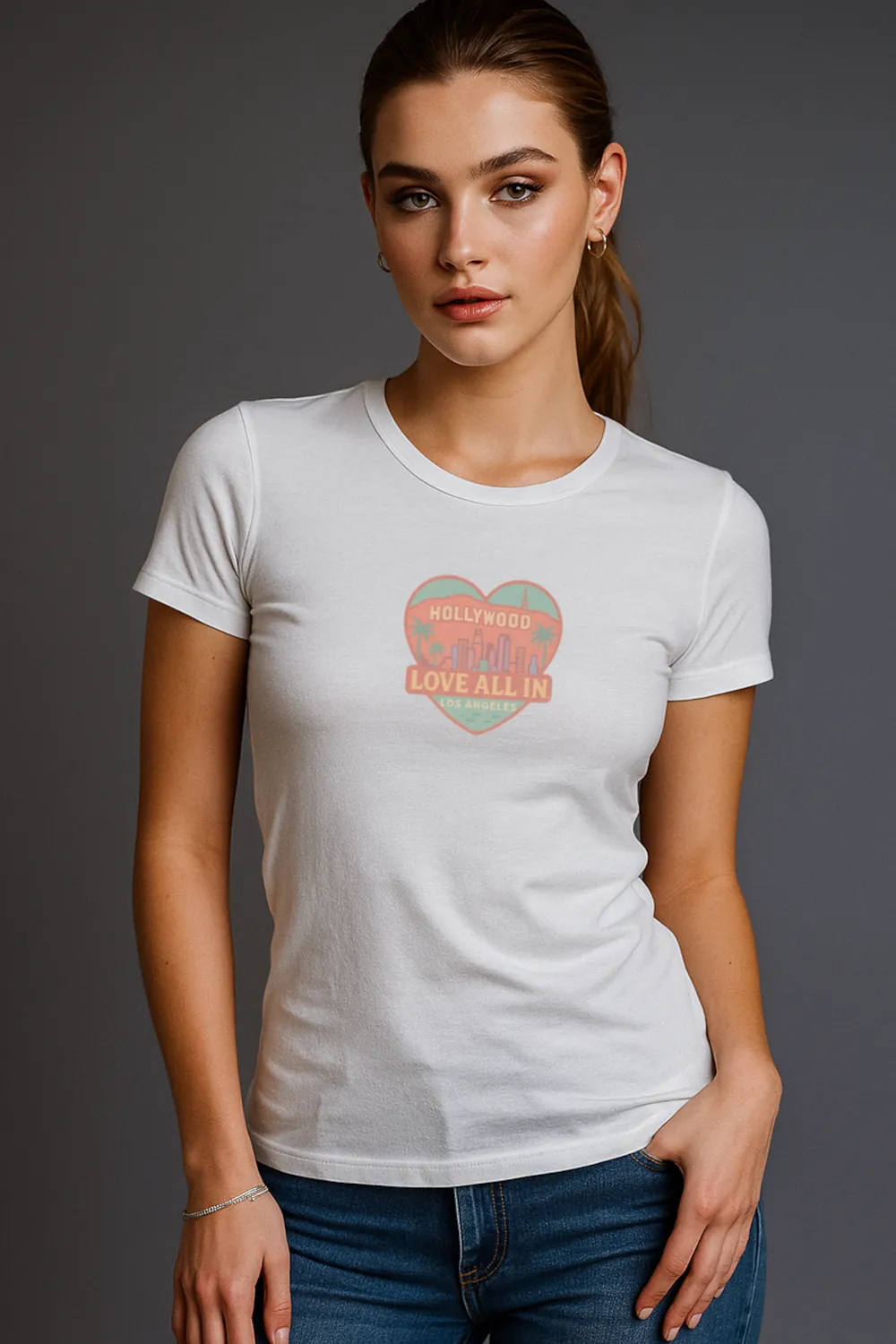Love All In™ Los Angeles, Heart, Luxury Women’s Graphic Tee T-Shirt, Boyfriend, Design 1 - Image 3