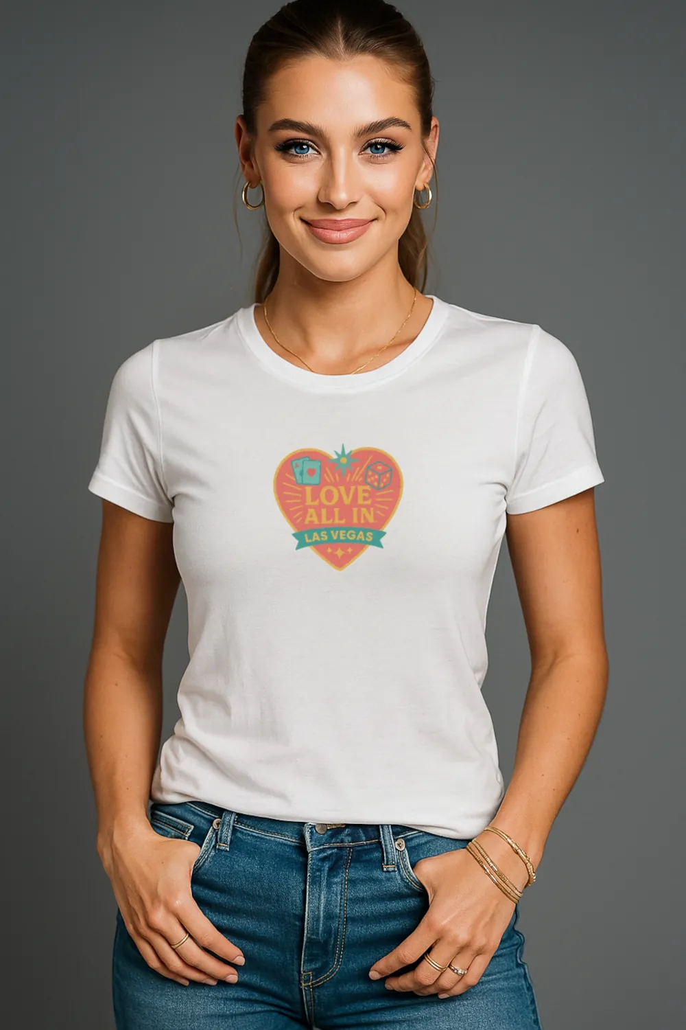 Love All In™ Las Vegas, Heart, Luxury Women's Graphic Tee T-Shirt, Boyfriend, Poker Cards, Dice, Design 1