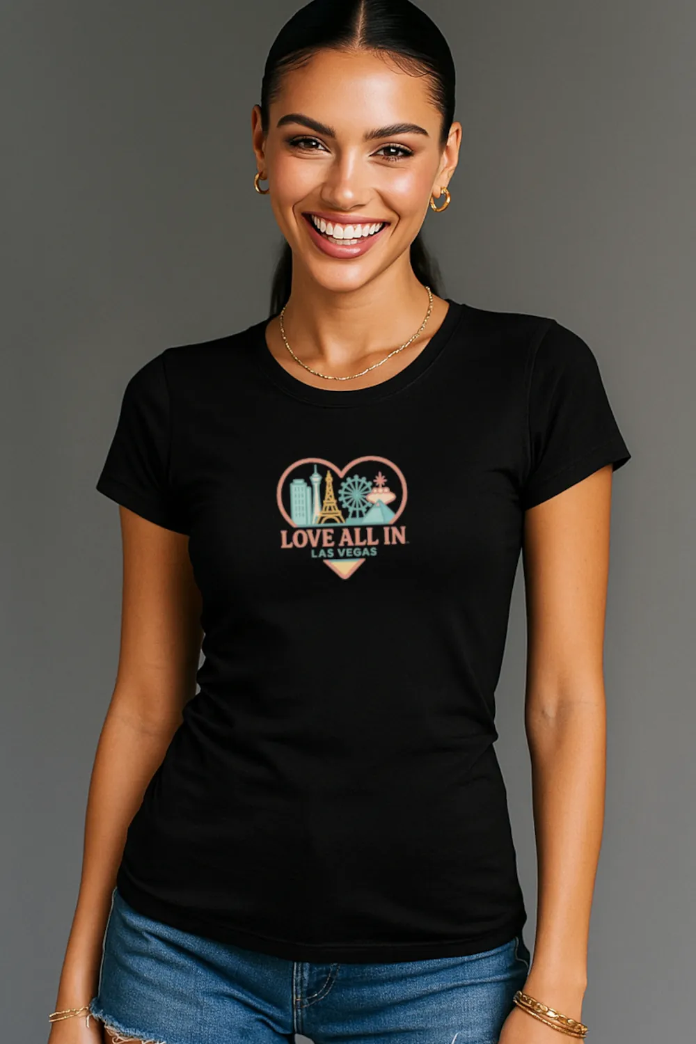 Love All In™ Las Vegas, Heart, Luxury Women's Graphic Tee T-Shirt, Boyfriend, Las Vegas Skyline, Design 3 - Image 3