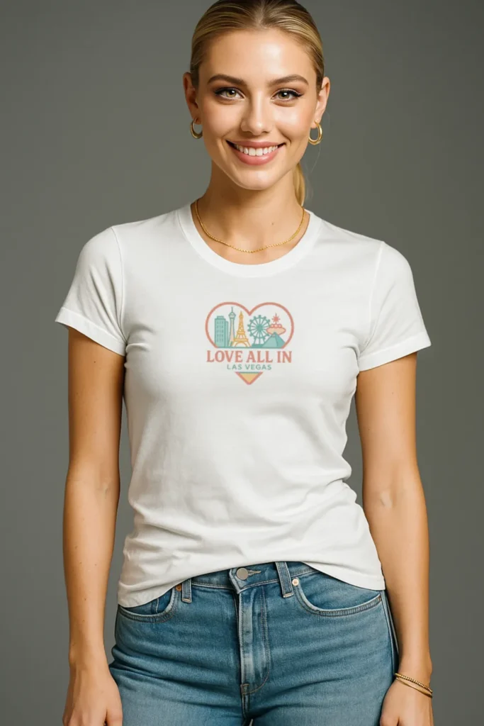 Love All In™ Las Vegas, Heart, Luxury Women's Graphic Tee T-Shirt, Boyfriend, Las Vegas Skyline, Design 3