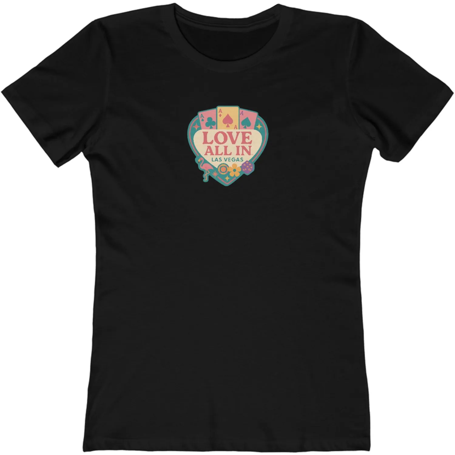 Love All In™ Las Vegas, Heart, Luxury Women's Graphic Tee T-Shirt, Boyfriend, Poker Cards, Flamingo, Dice, Chips, Design 4 - Image 5