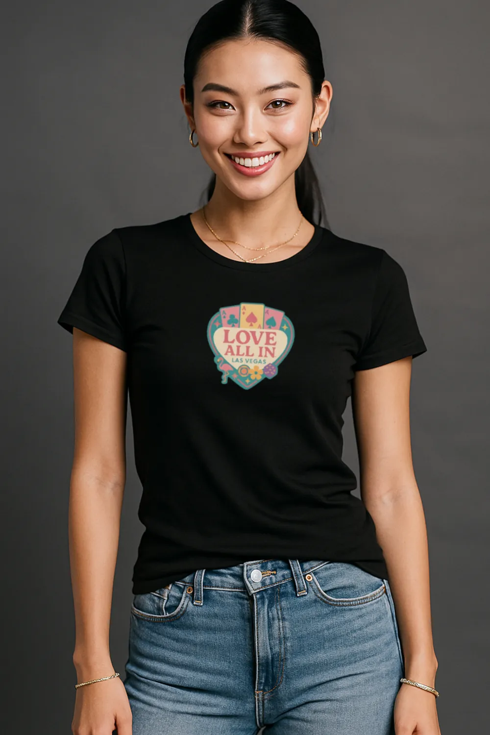 Love All In™ Las Vegas, Heart, Luxury Women's Graphic Tee T-Shirt, Boyfriend, Poker Cards, Flamingo, Dice, Chips, Design 4 - Image 3