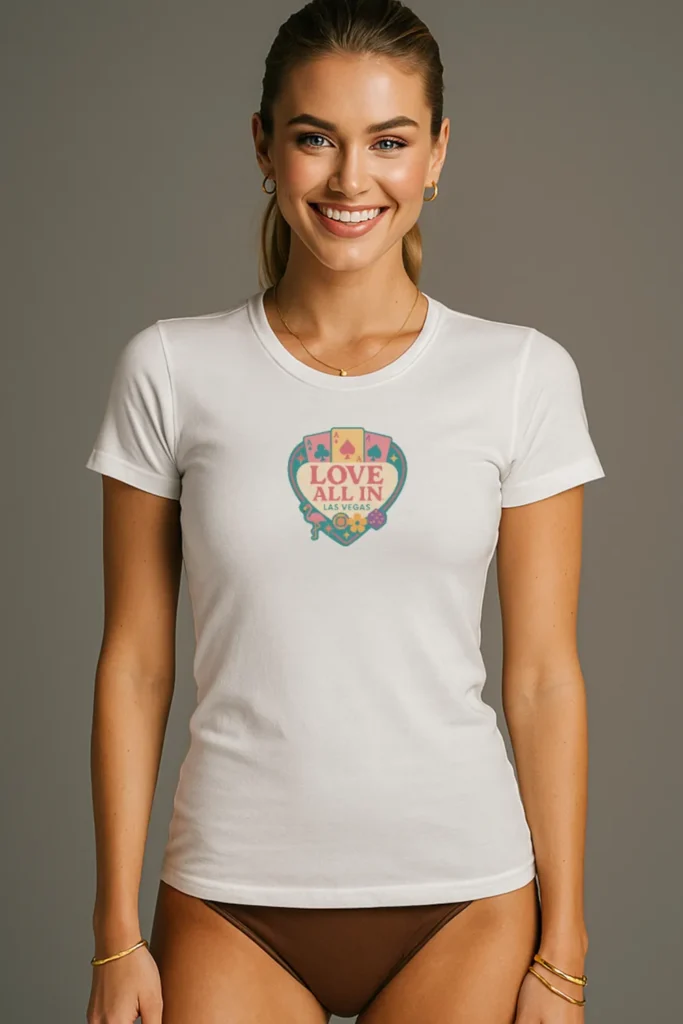Love All In™ Las Vegas, Heart, Luxury Women's Graphic Tee T-Shirt, Boyfriend, Poker Cards, Flamingo, Dice, Chips, Design 4