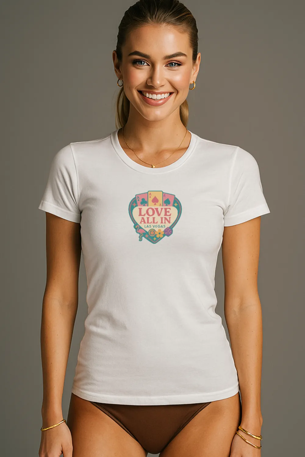 Love All In™ Las Vegas, Heart, Luxury Women's Graphic Tee T-Shirt, Boyfriend, Poker Cards, Flamingo, Dice, Chips, Design 4