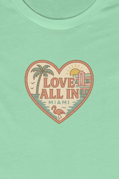 Love All In™ Miami, Heart, Women’s Luxury Graphic Tee T-Shirt, Boyfriend, Design 1