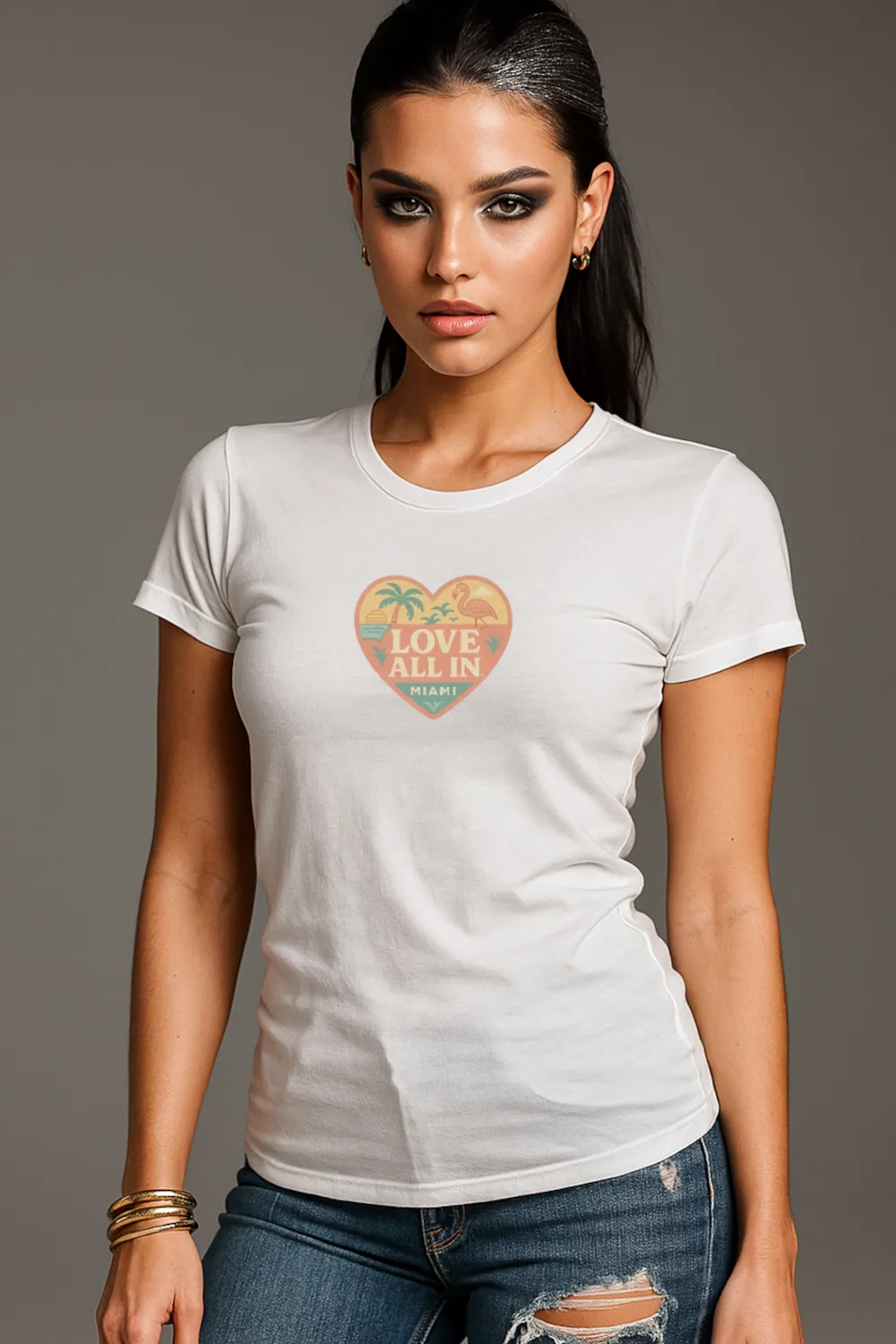 Love All In™ Miami, Heart, Luxury Women’s Graphic Tee T-Shirt, Boyfriend, Design 2 - Image 4