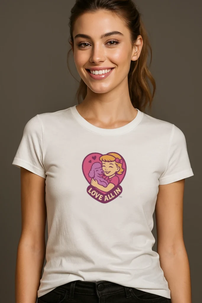 Love All In™, Puppy Love, Women's Luxury Graphic Tee T-Shirt, Boyfriend, Design 2