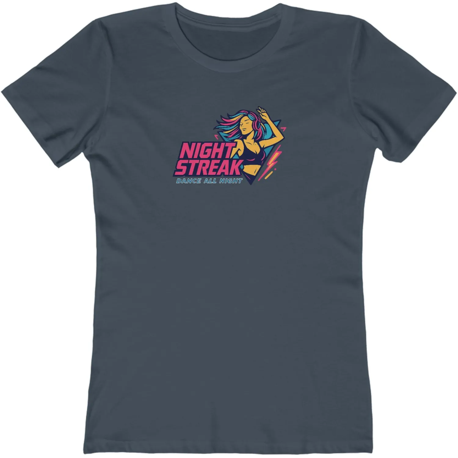 Night Streak™ Dance All Night, 80's Retro, Luxury Women’s Graphic Tee T-Shirt, Boyfriend, Design 3 - Image 6
