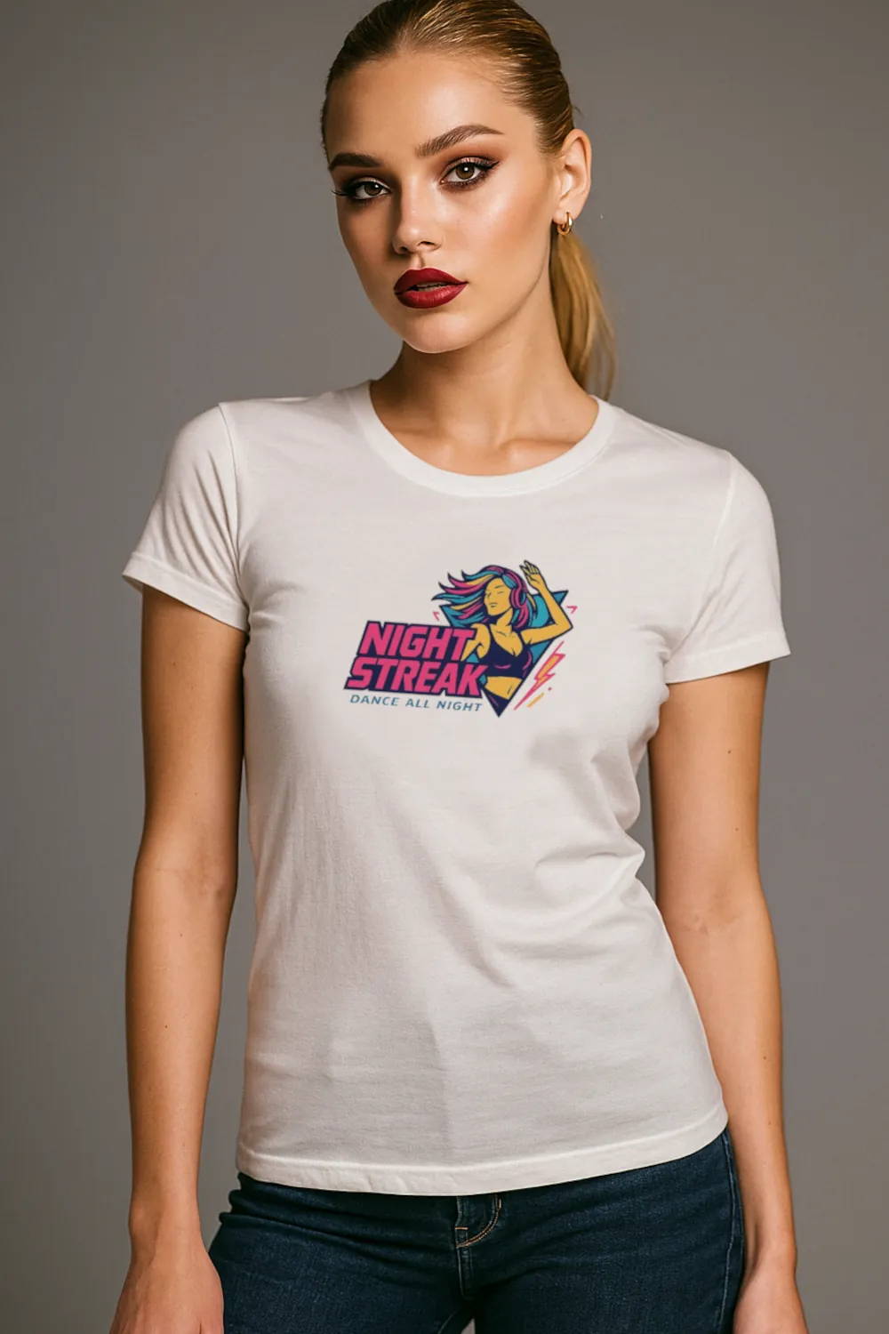 Night Streak™ Dance All Night, 80's Retro, Luxury Women’s Graphic Tee T-Shirt, Boyfriend, Design 3 - Image 3