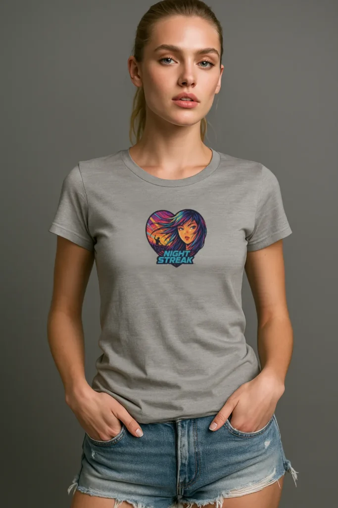 Night Streak™, Heart, Anime, Luxury Women’s Graphic Tee T-Shirt, Boyfriend, Design 1