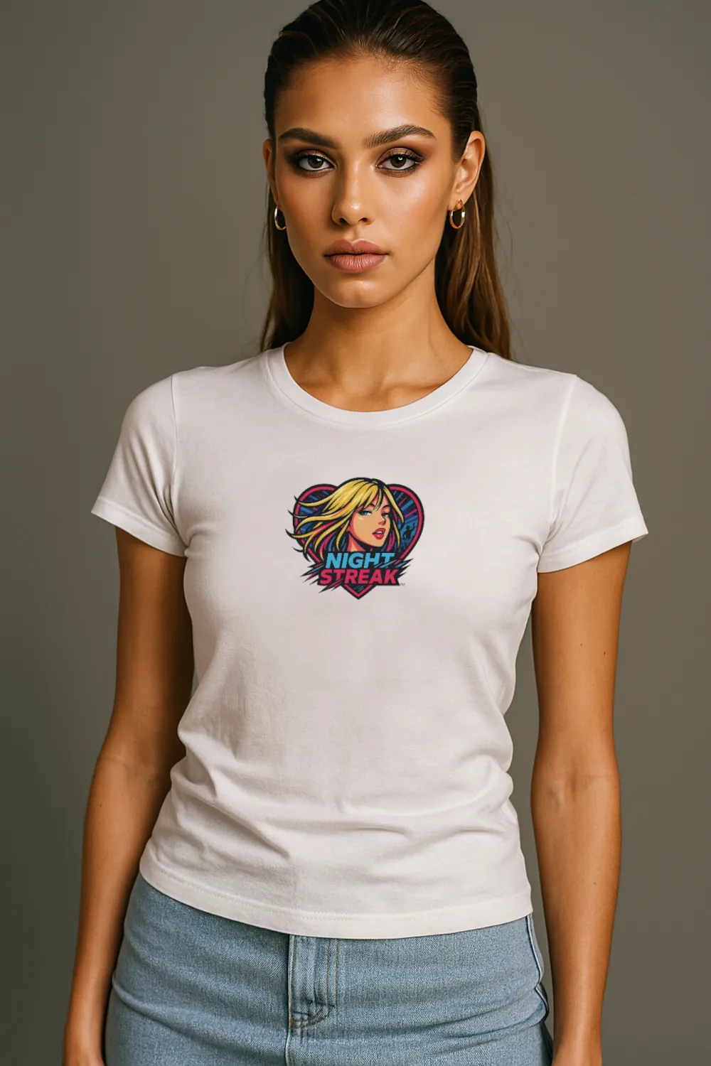 Night Streak™, Heart, Anime, Luxury Women’s Graphic Tee T-Shirt, Boyfriend, Design 2 - Image 4
